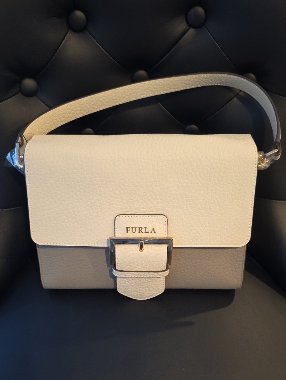 Furla Two-Tone White and Taupe Leather Shoulder Bag with Buckle